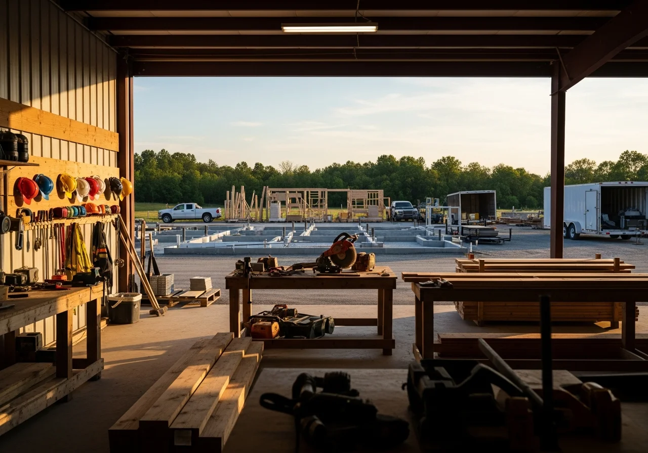 Construction crew and equipment on active job site, showcasing professional tools and project readiness.