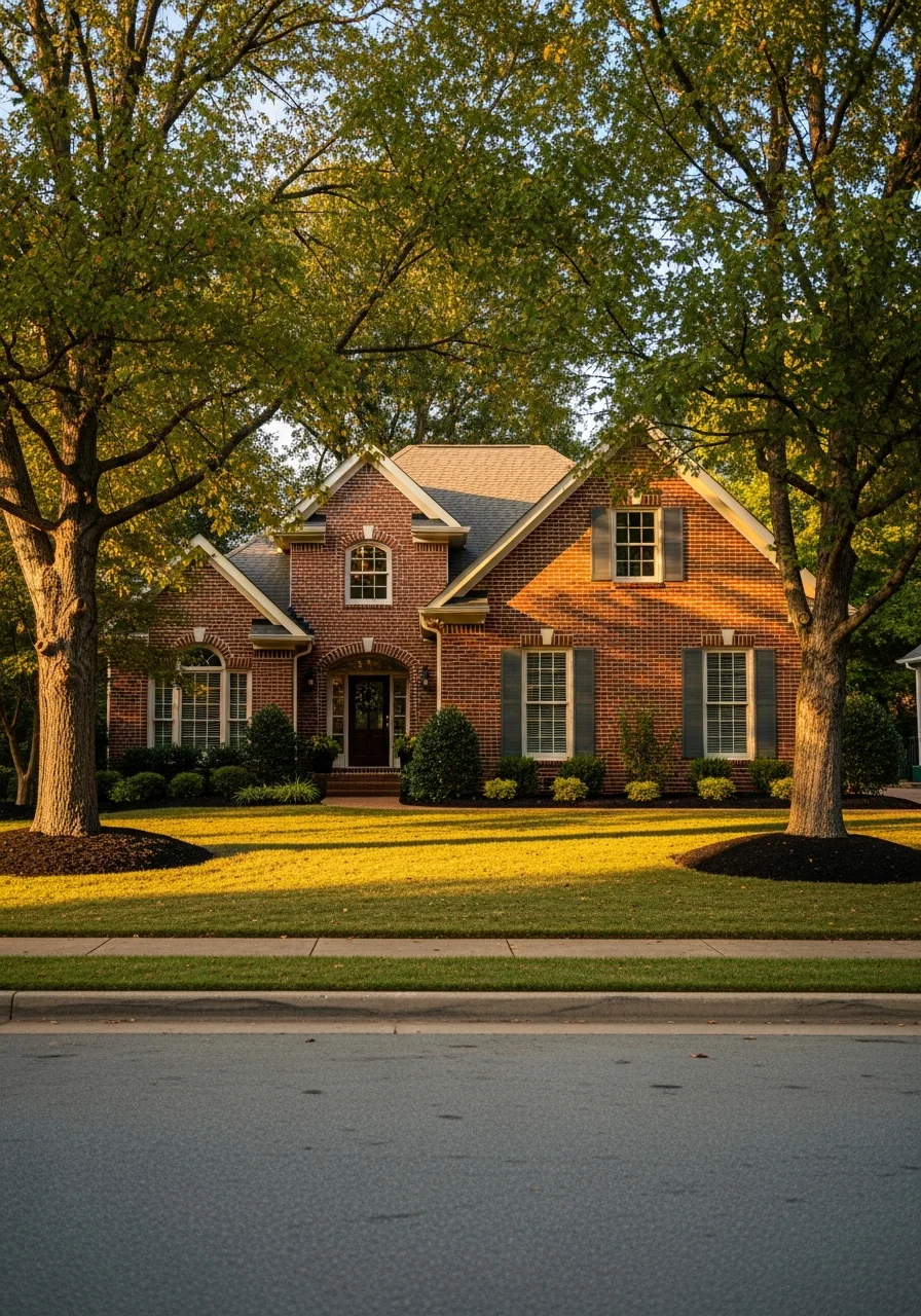 Close-up of a well-maintained Nashville home exterior with mature trees and landscaping.