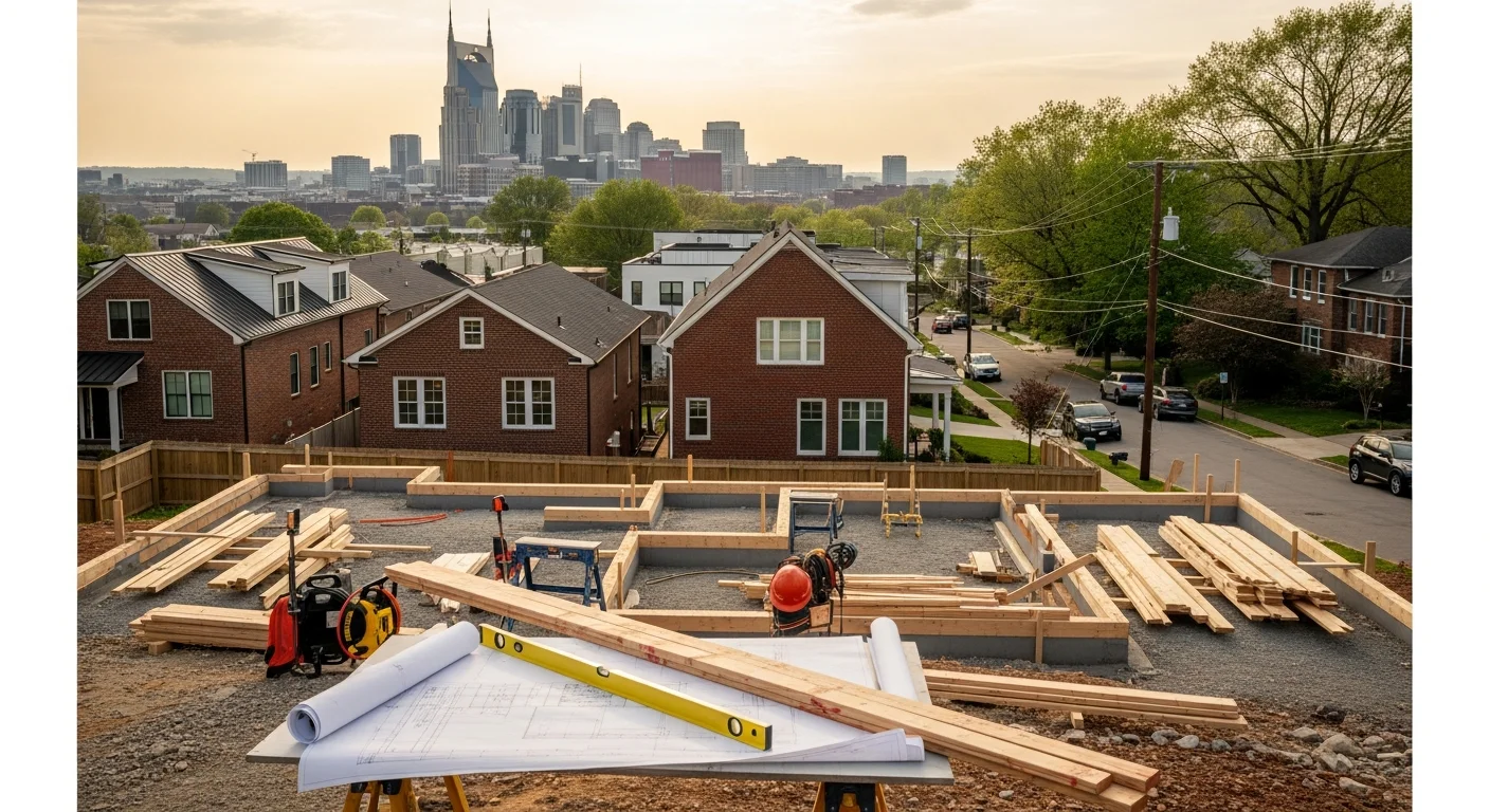 Nashville skyline with residential neighborhoods in the foreground, showing a mix of historic and modern homes.