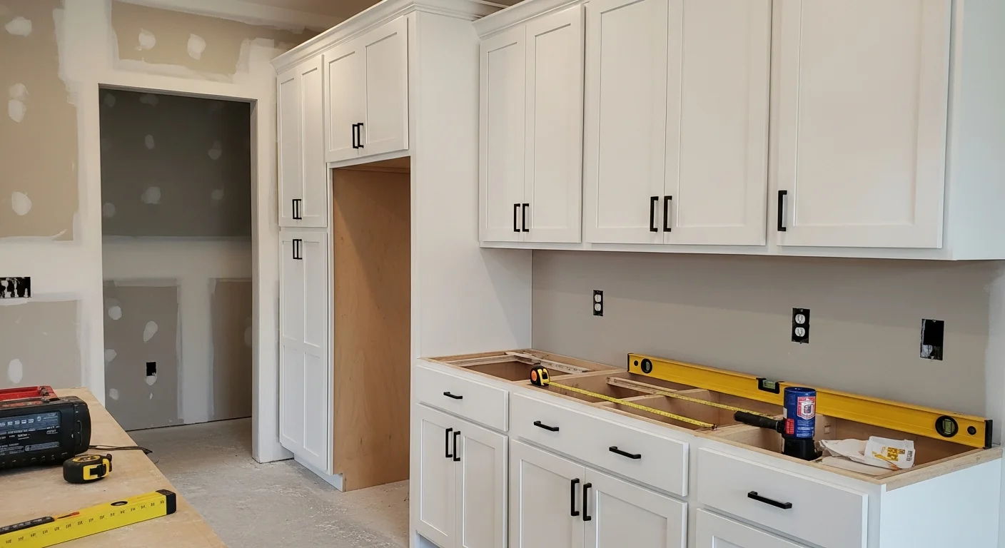 Newly installed white shaker kitchen cabinets in a Nashville, TN home with open upper shelving and base cabinets set flush against freshly prepped walls. Bryan Parkinson Construction, LLC cabinet installation project showing tight seams and level alignment throughout the kitchen.