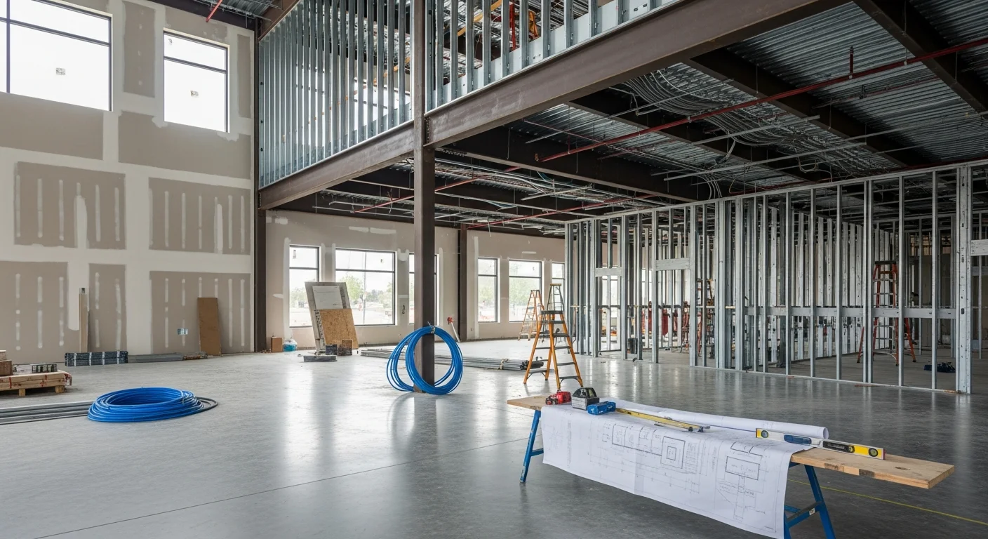 A commercial building under active construction in Nashville, TN, with structural framing visible and a job site managed by a general contractor. Steel framing and concrete foundation work are shown at an urban Nashville commercial build site.
