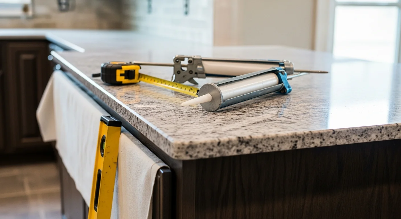 Newly installed stone countertop on white shaker cabinets in a Nashville, TN kitchen, with a stainless undermount sink set flush and sealed seams visible at the wall edge. The surface is viewed from a straight-on angle showing the full run of countertop from the sink to the corner.