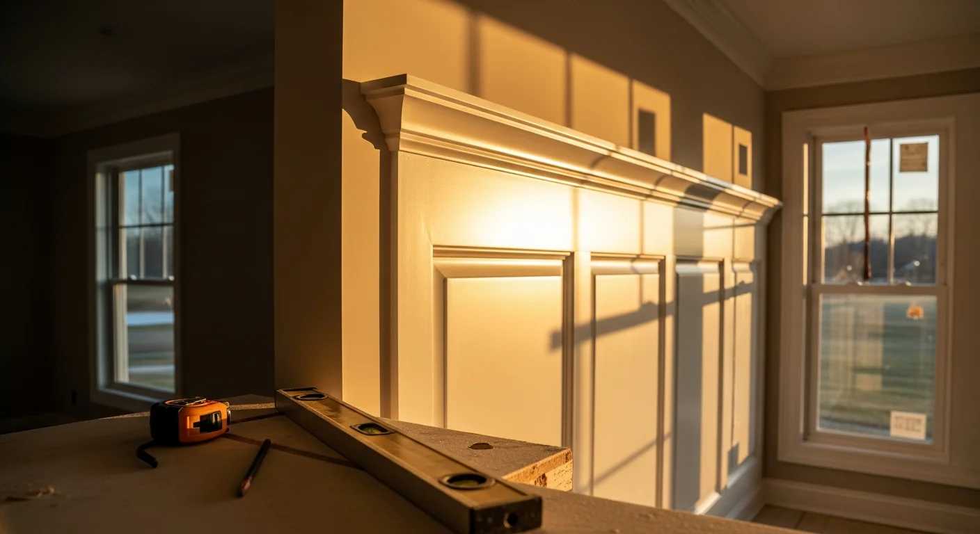 Installed custom interior millwork in a Nashville, TN home showing detailed crown molding, painted built-in shelving, and a coffered ceiling in a living room. Close view of tight corner joinery where wall trim meets ceiling profile in a finished Nashville residential space.
