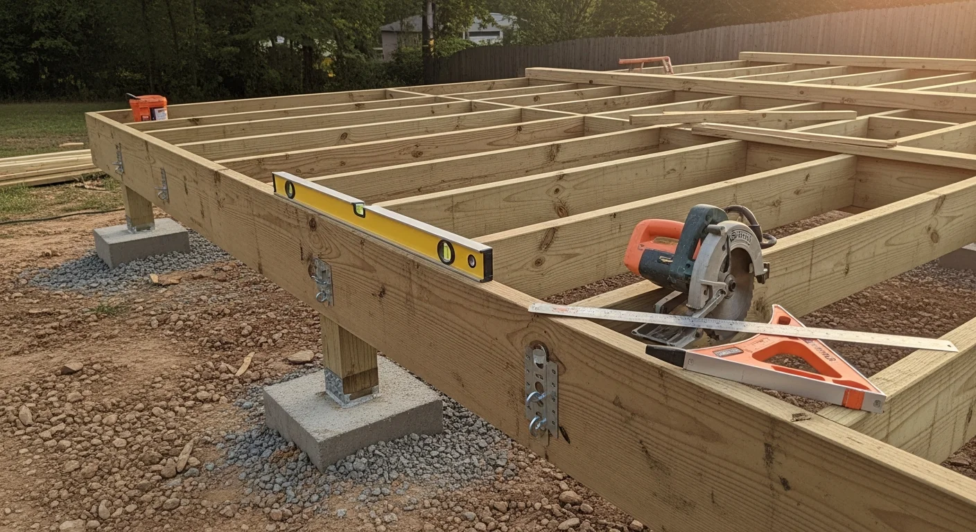 A newly constructed wood-framed residential deck attached to the back of a Nashville, TN home, featuring built-in railings and steps leading to a sloped backyard. The deck structure shows exposed framing, evenly spaced decking boards, and code-compliant railing height typical of Middle Tennessee residential construction.