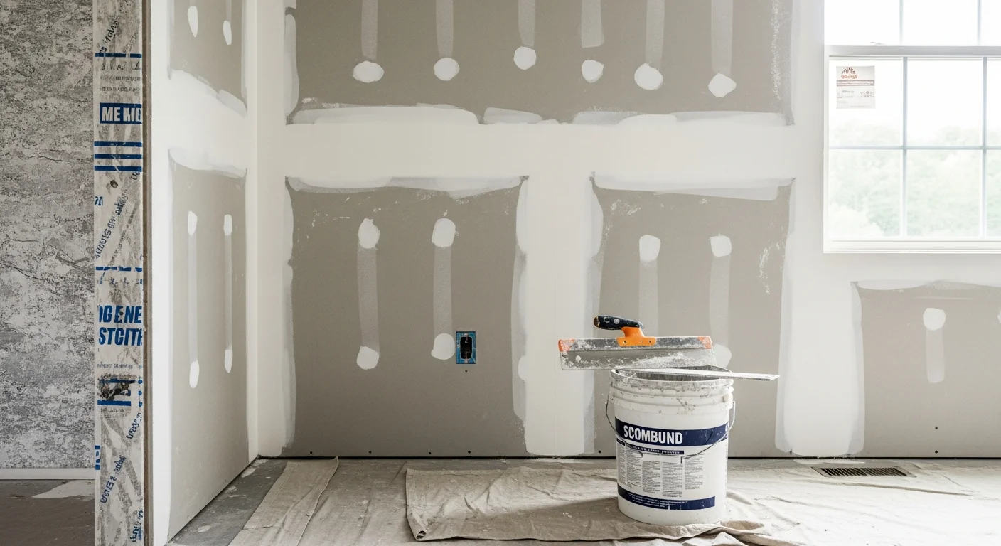 A freshly finished interior wall in a Nashville home showing smooth, seam-free drywall ready for paint after taping and sanding. The ceiling and wall corners meet cleanly with no visible joint lines or compound ridges.