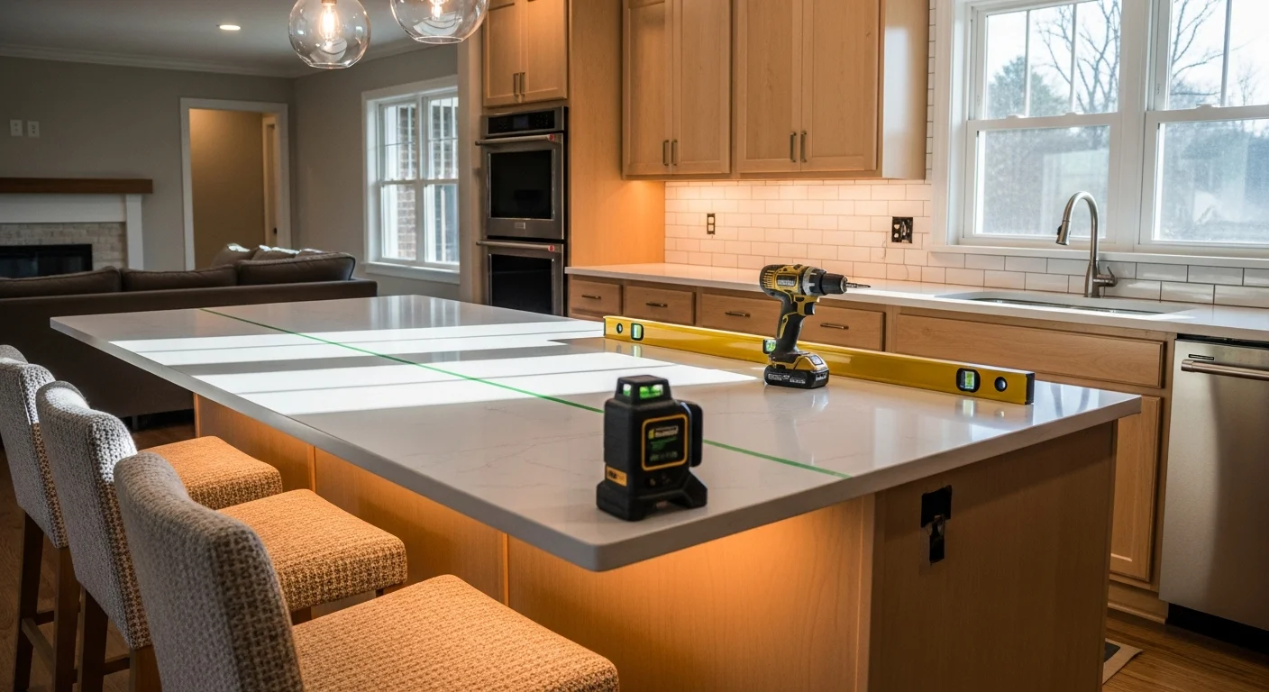 A newly installed custom kitchen island with base cabinetry and a stone countertop surface inside a Nashville, TN home. The island includes seating on one side and overhead pendant lighting above the work surface.