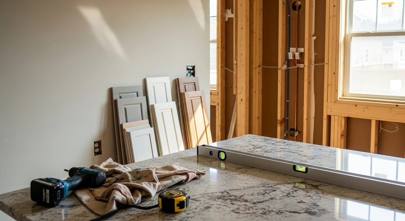 A remodeled kitchen in a Nashville, TN home featuring new cabinetry, updated countertops, and reconfigured layout by Bryan Parkinson Construction, LLC. The space shows an open-concept design with improved lighting and fresh flooring replacing the original builder-grade finishes.