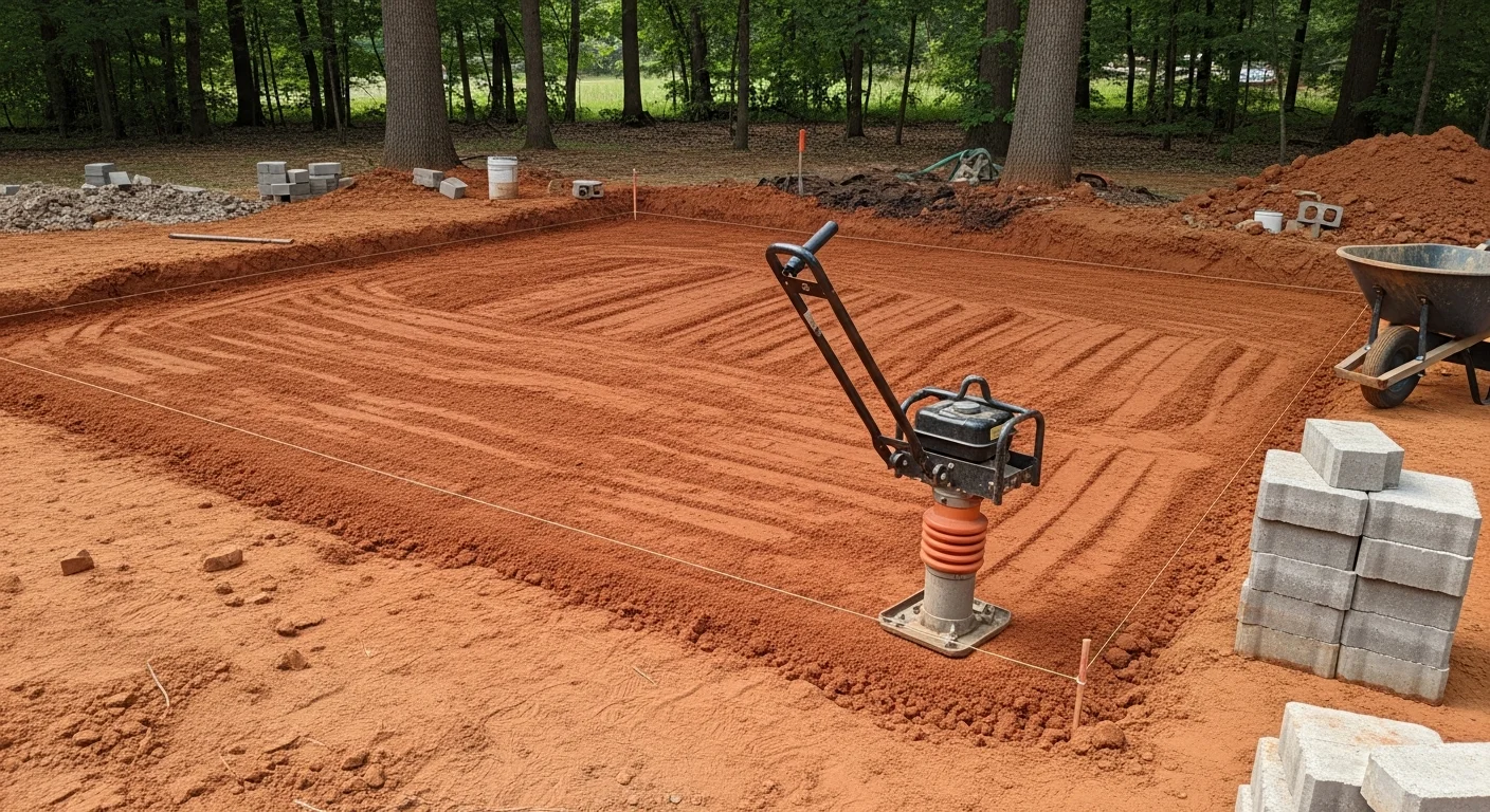 A newly installed backyard patio in Nashville, TN, showing a flat, finished concrete surface with clean edges set against a residential home. The surrounding yard reflects a typical Middle Tennessee property with graded soil and a clear drainage slope away from the structure.