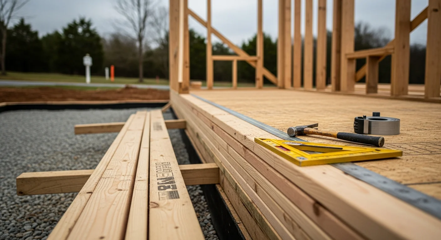 A site-built tiny home on a permanent foundation in a Nashville, TN backyard, showing framed exterior walls, a pitched roof, and a concrete slab base. The structure sits behind an existing primary residence on a Davidson County residential lot.